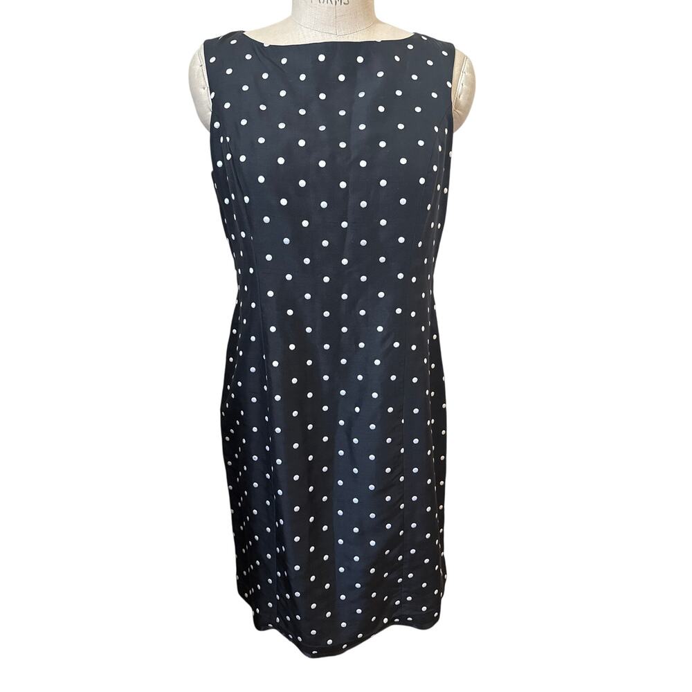 y2k Natural Instincts Black Silk White Polka Dot Shift Dress Size 10